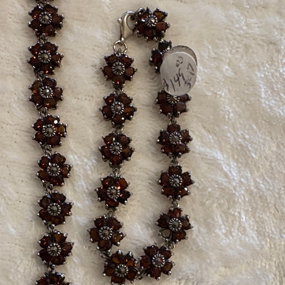 Elegant Sterling marcesite garnet floral Necklace and bracelet